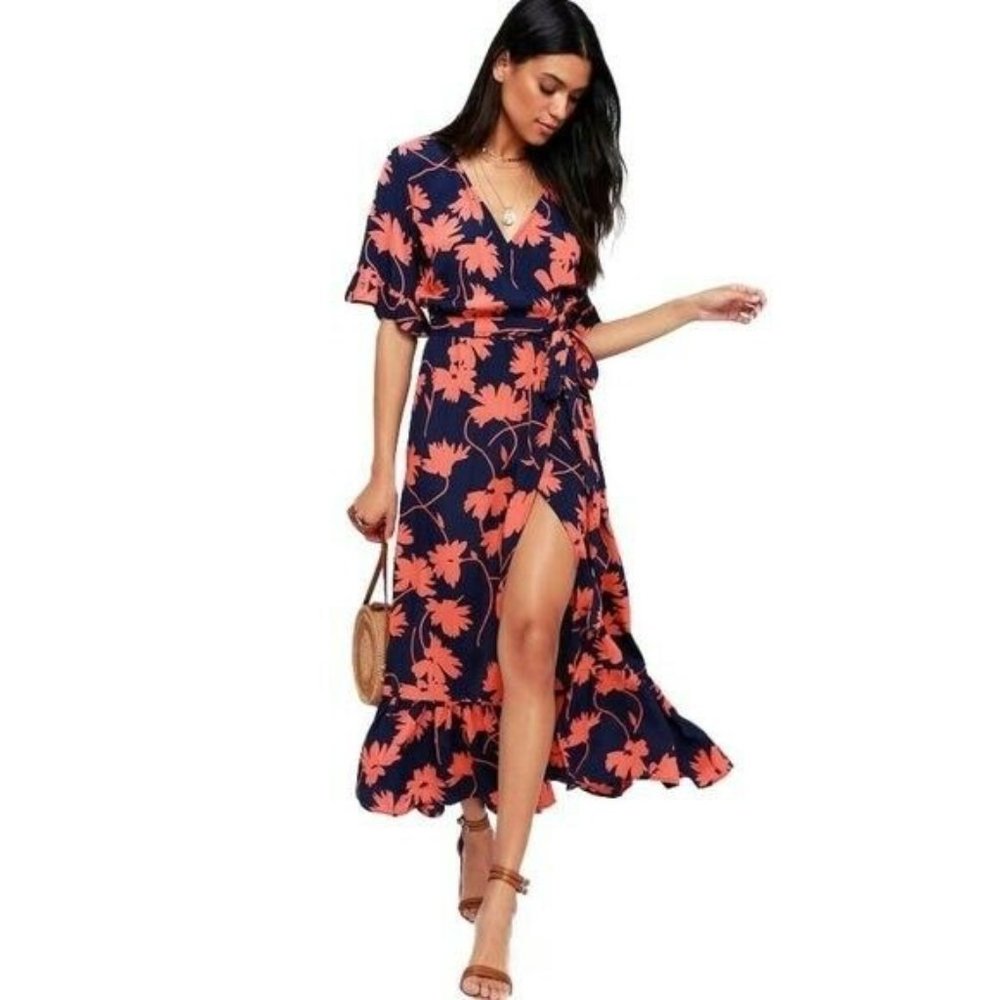 LUCYLOVE Womens Size S Navy Coral Enchanted Floral Short Sleeve Faux Wrap Dress